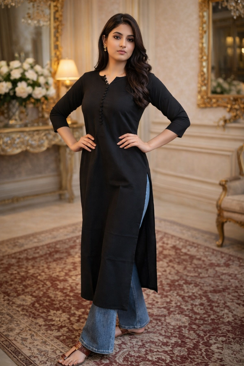 Nazma Black Cotton Kurta